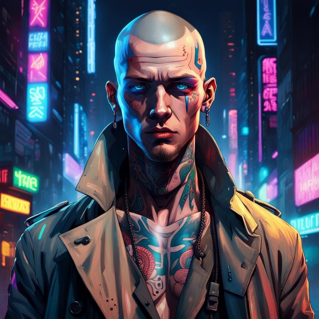 Blue-Eyed Man in Cyberpunk Alleyway