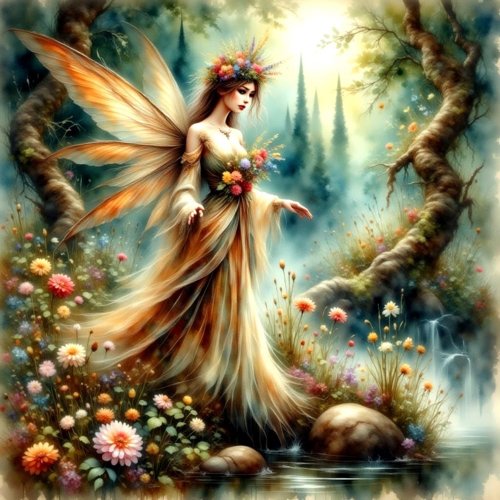 Fairy Seeks Refuge: Antique Watercolor Painting