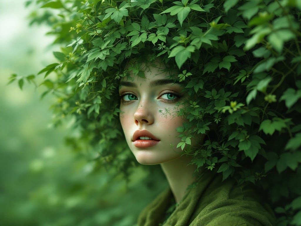 Surrealist Forest Goddess in Emerald Locks
