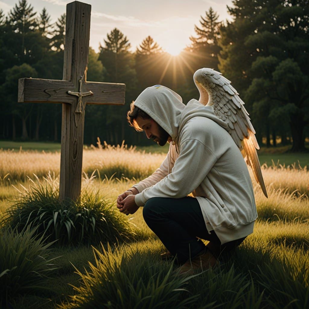 A Devout Man Surrounded by Heavenly Guardians in a Warm Gold...