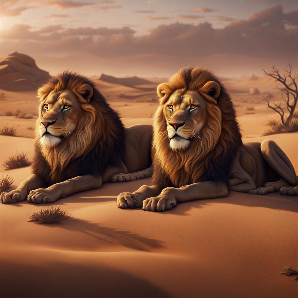 Lions Sleeping in Sahara Desert: Detailed Matte Painting