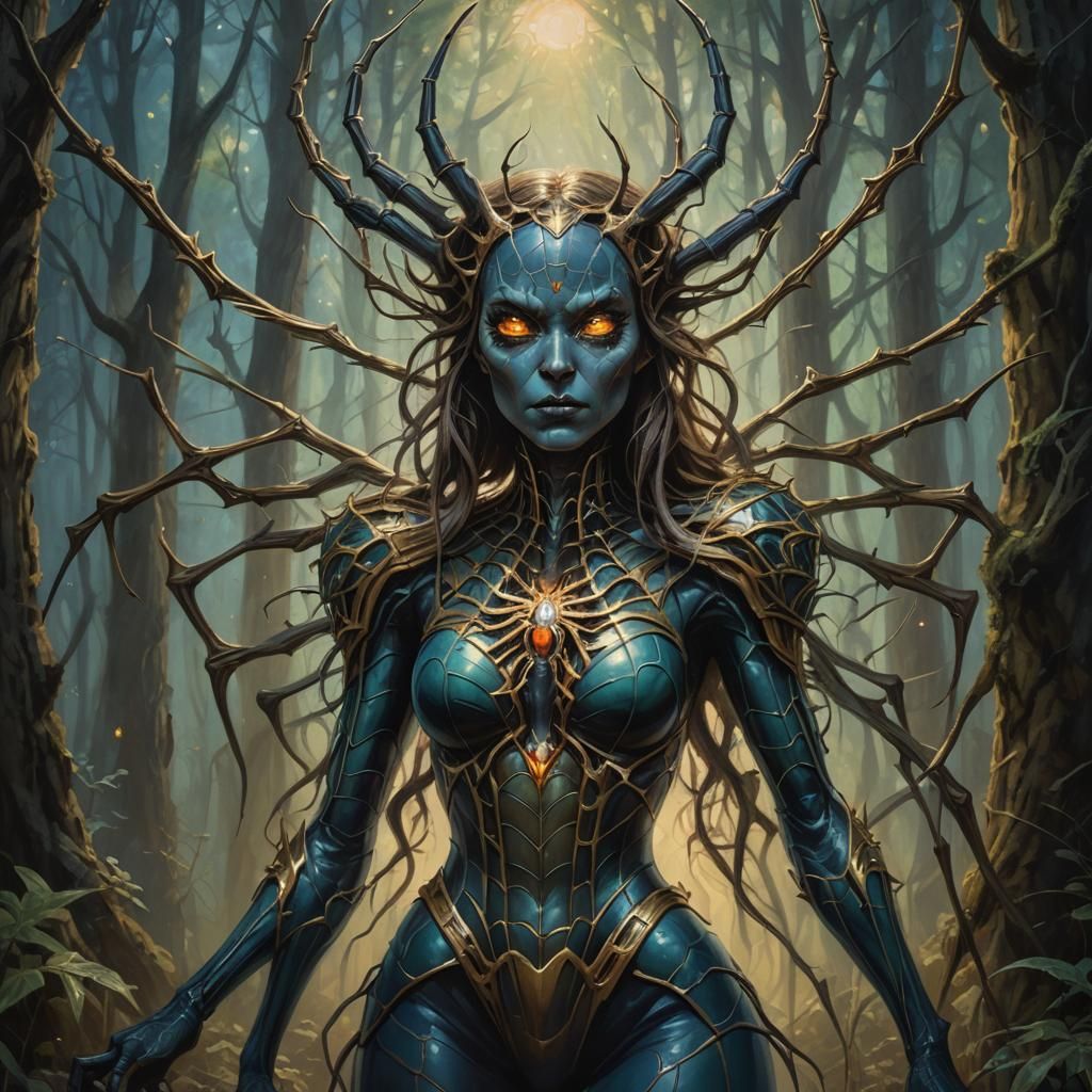 Spider Queen in Mystical Forest as Impasto Painting