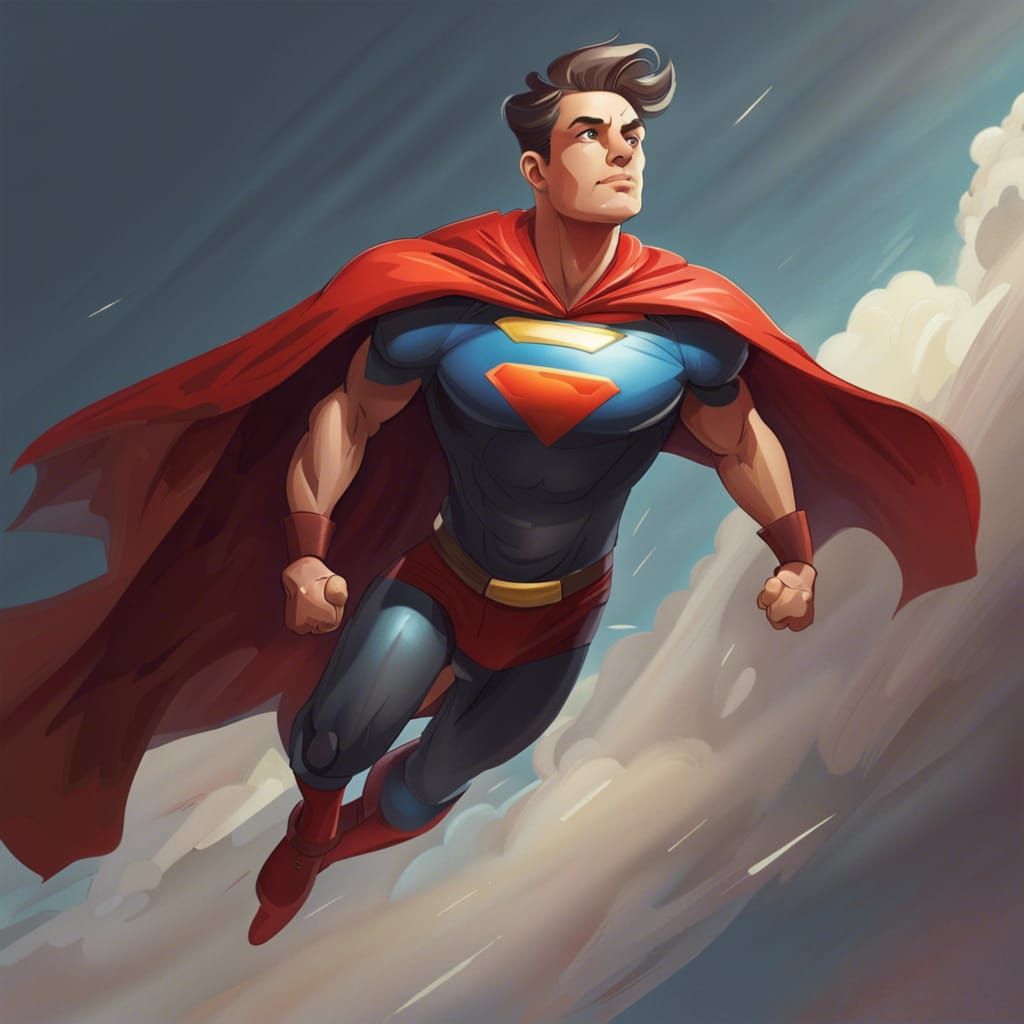 Muscular Man Flying with Cape and Six-Pack Abs