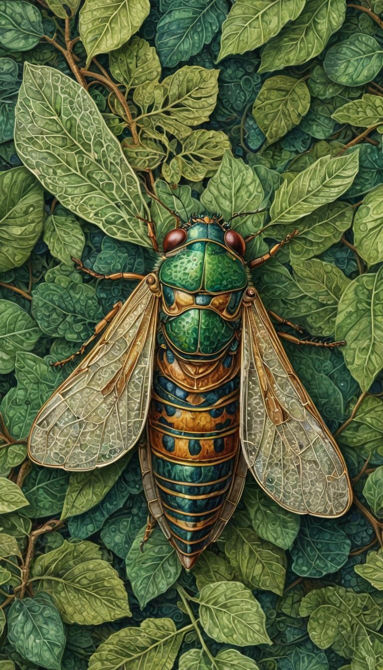 Cicada with Intricate Motifs in Impressionistic Style