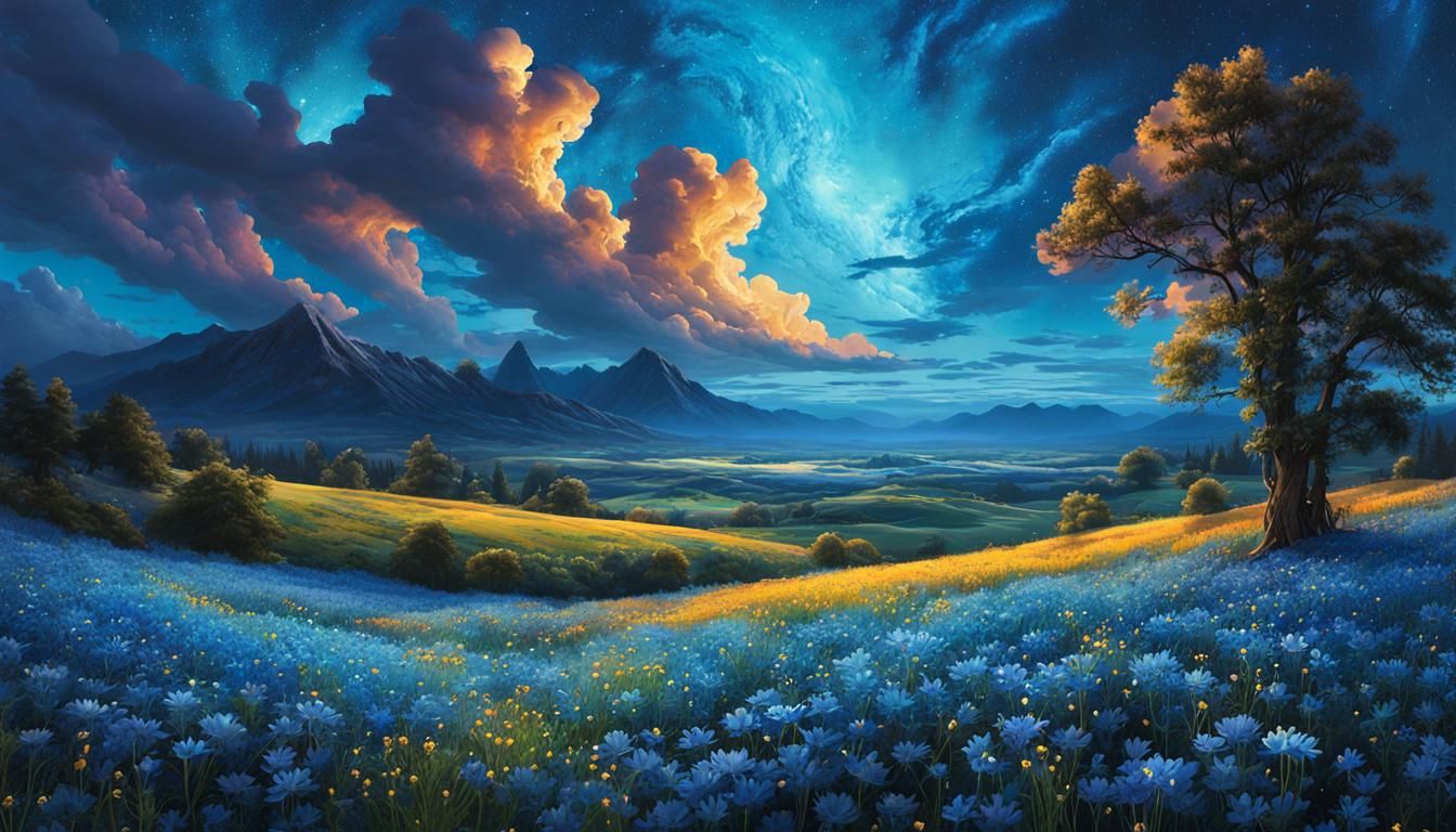 Bioluminescent Wildflower Field Under Cosmic Sky