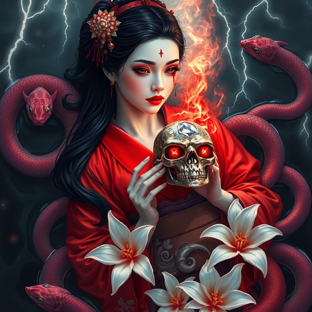 Geisha in Water with Snakes, Digital Matte Painting