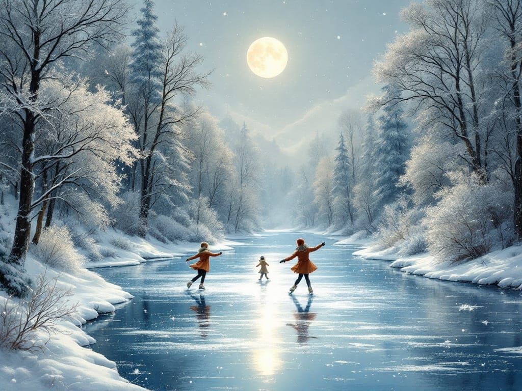 Moonlit Winter Wonderland with Skaters and Snowy Forest