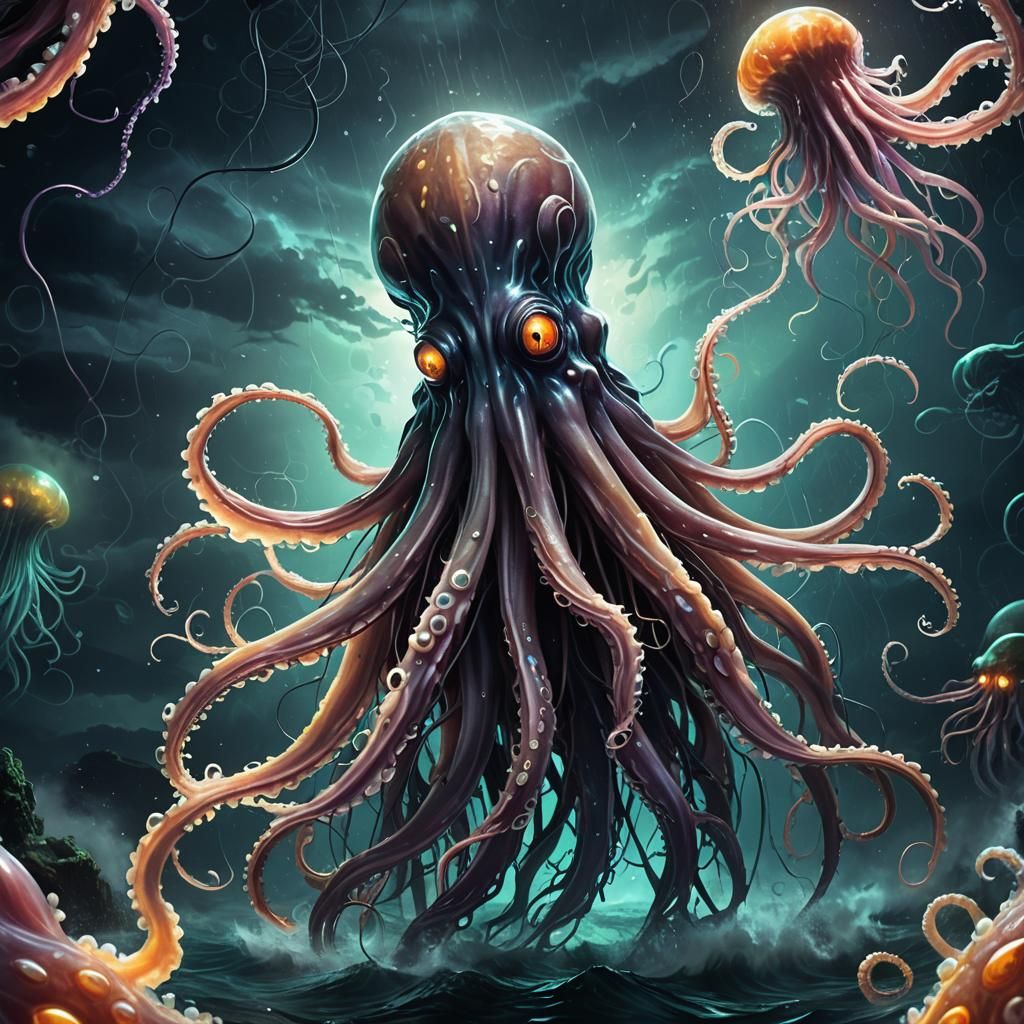 Bioluminescent Kraken Concept Art in Dark Ocean
