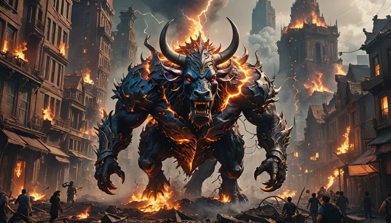 Giant Lightning Cow Demon Over Burning City