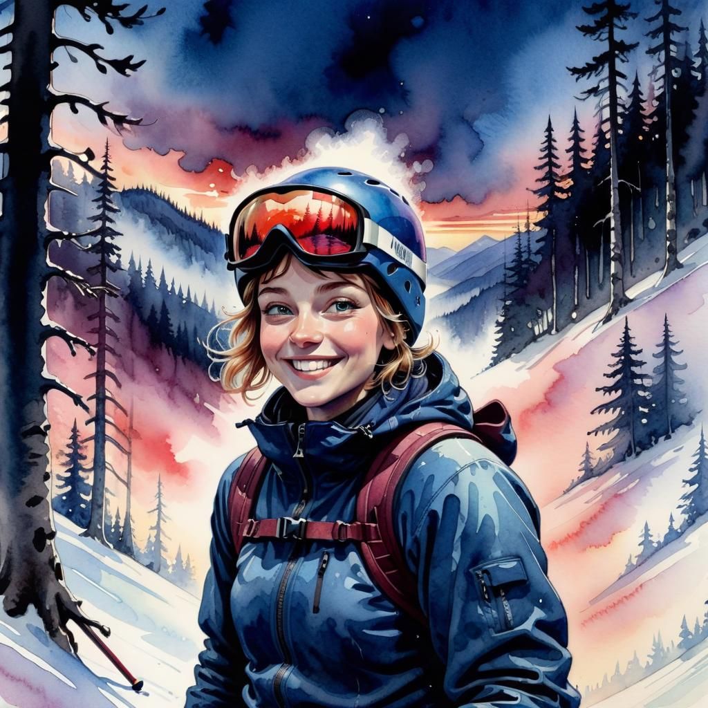 Happy Skier in Forest: Watercolour Ink Illustration