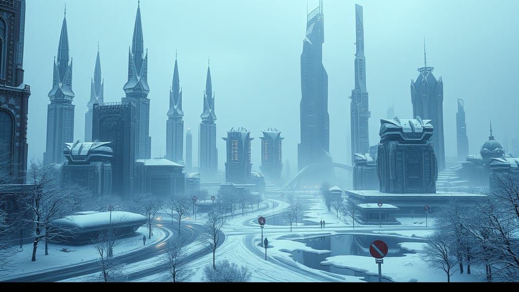 Surreal Futuristic Cityscape Under Snowy Skies in Photoreali...