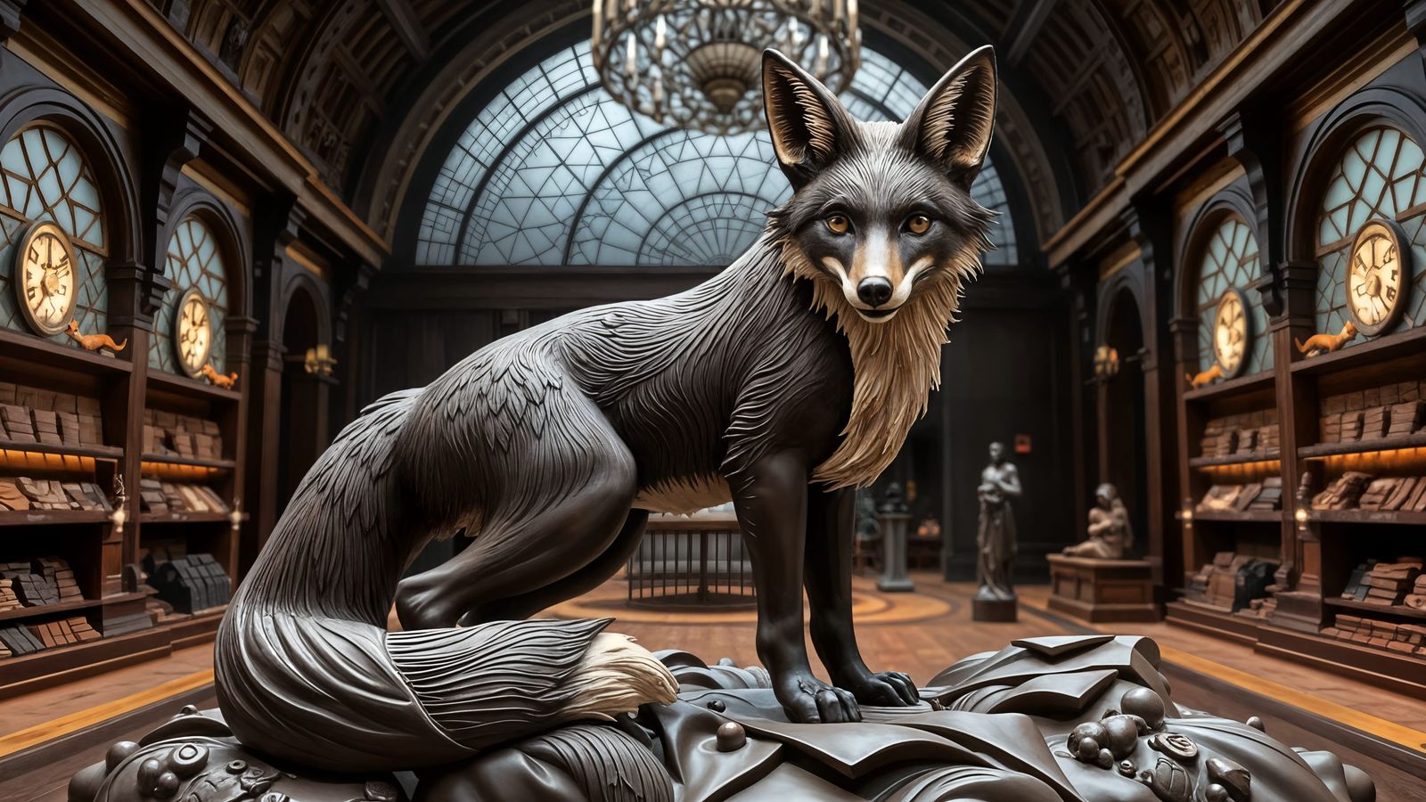 Hyperrealistic Chocolate Fox Sculpture in Museum