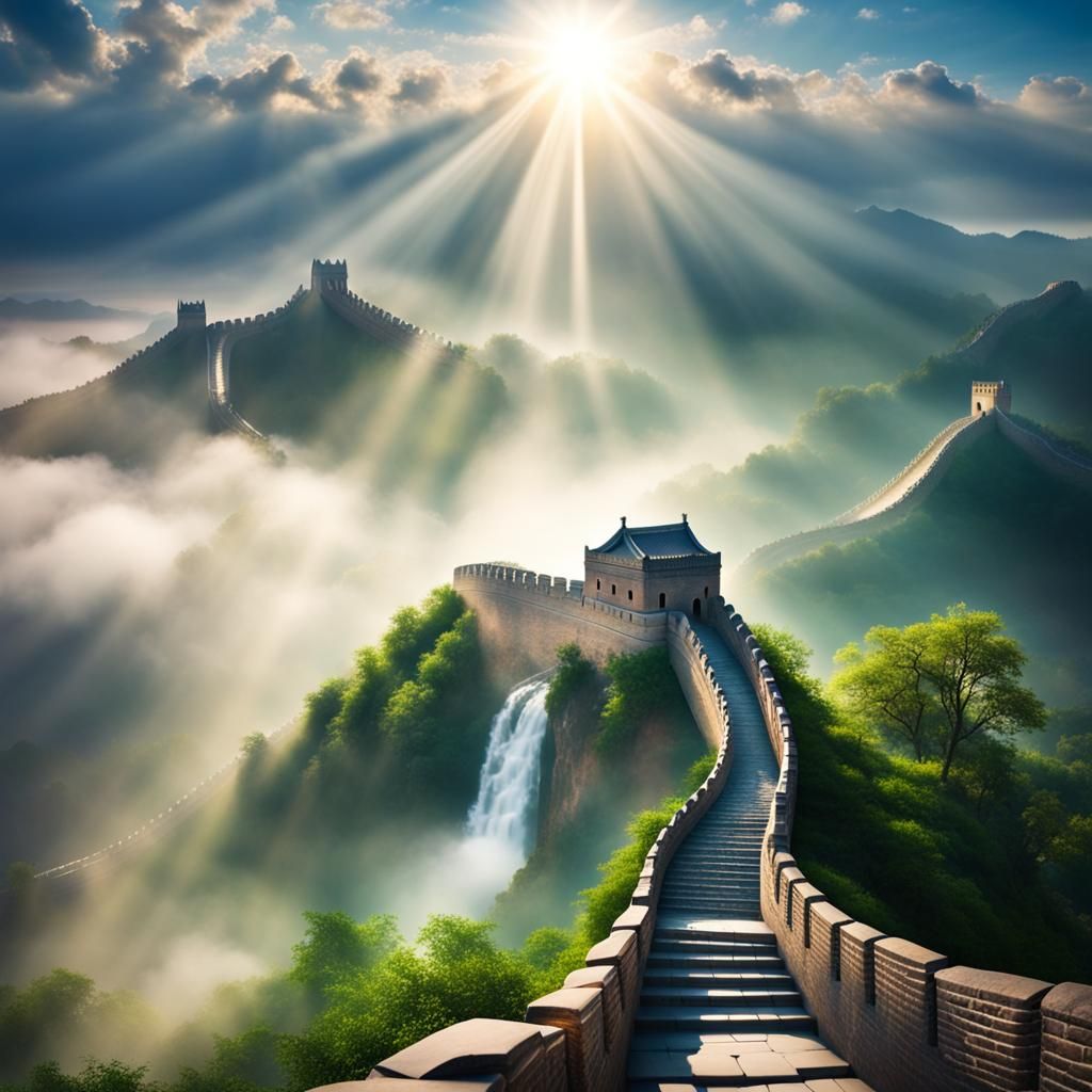 Great Wall Sea Waterfall in Divine Sunshine