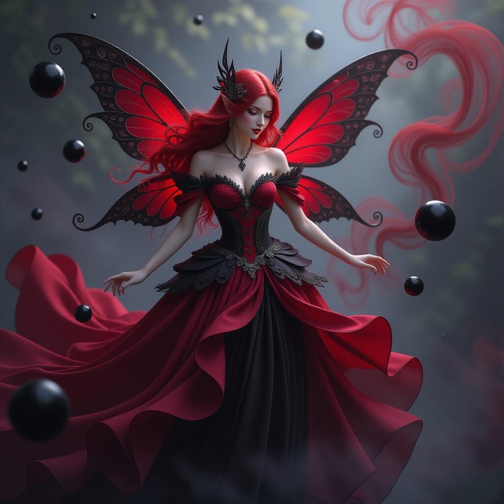 Detailed Fairy Amidst Red Smoke and Black Orbs