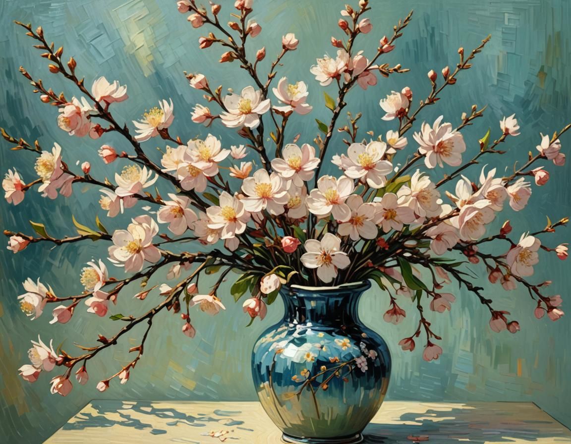 Cherry Blossoms in Vase: Impressionist Style