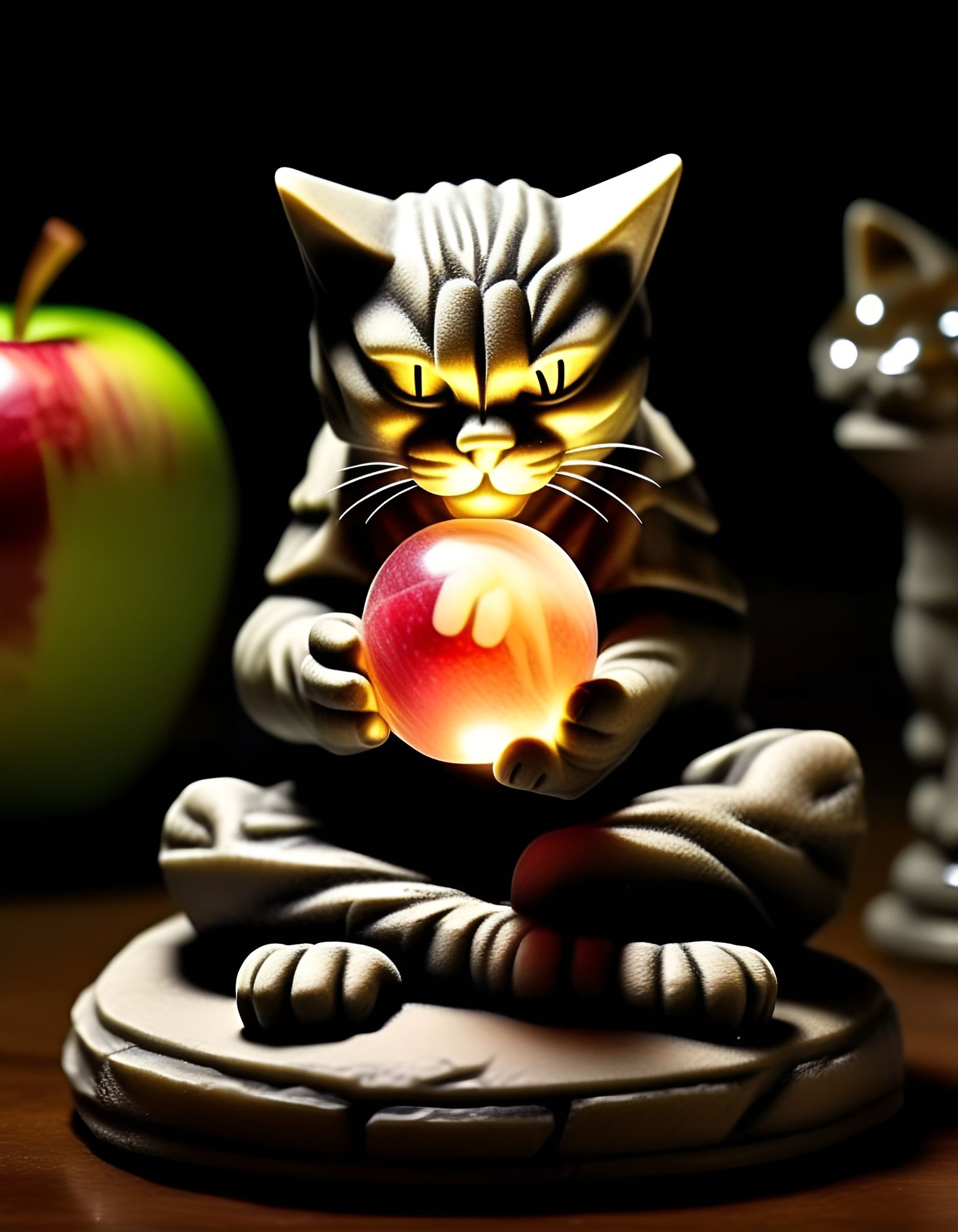 Stone Cat Statue Meditating with Dragon