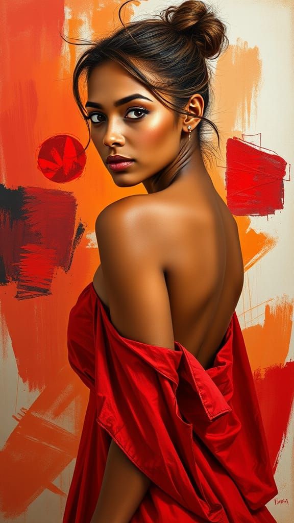 Enigmatic Woman in Vibrant Red Abstraction