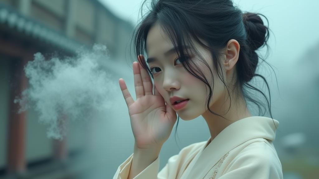 Serene Japanese Woman in Mist: Cinematic Film Still