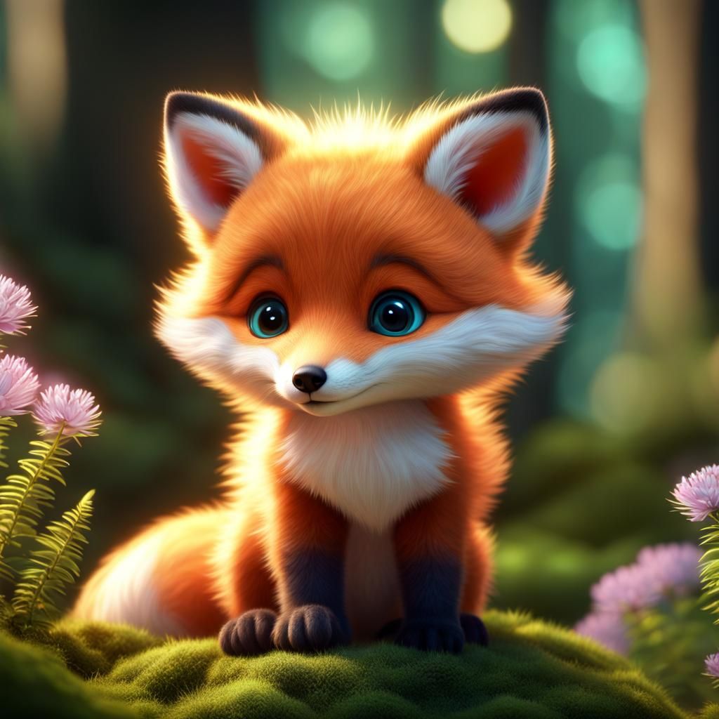 Adorable Fluffy Baby Fox in Dreamy Forest