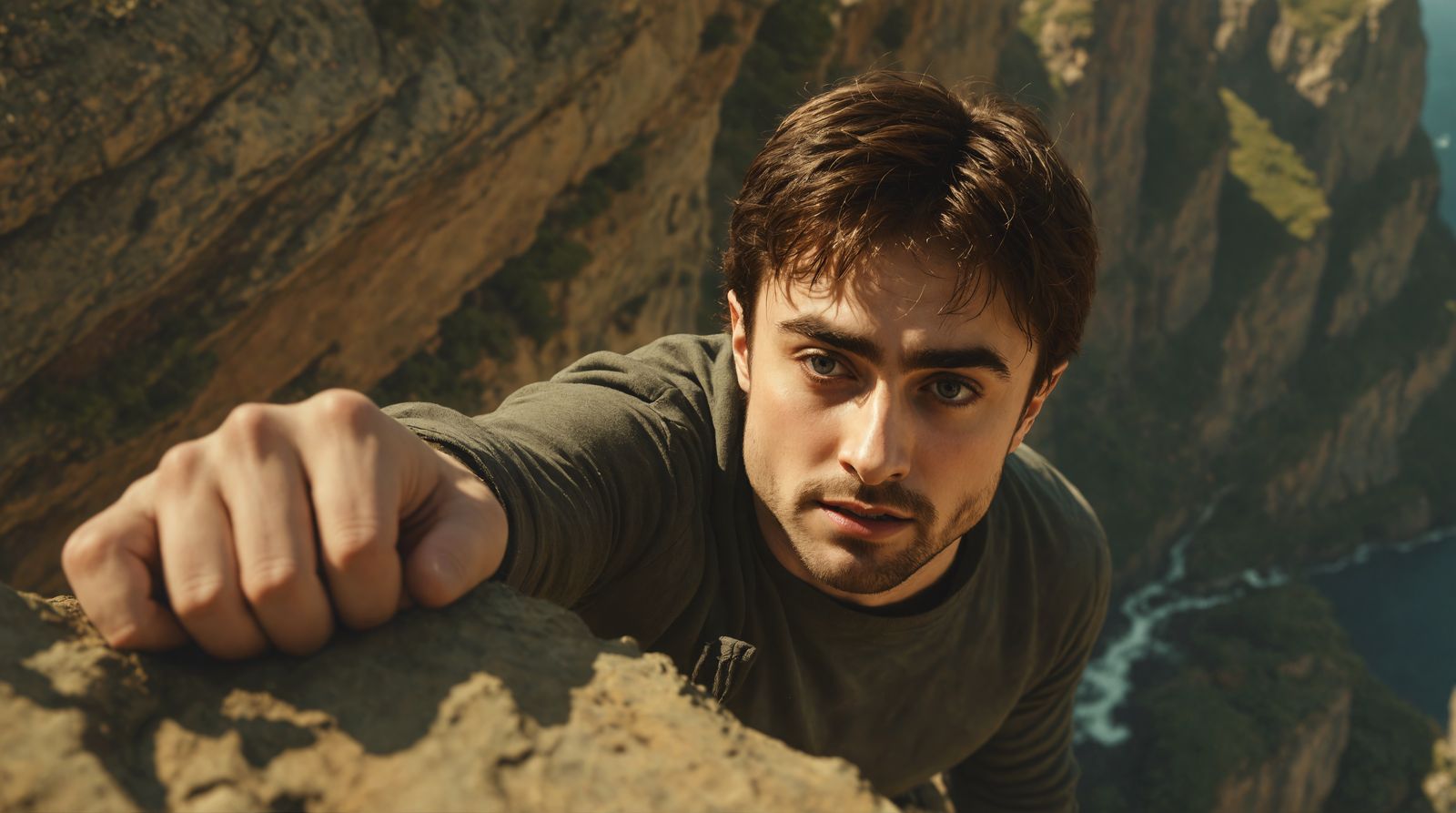 Daniel Radcliffe Suspended on Cliff Edge in Detailed Portrai...