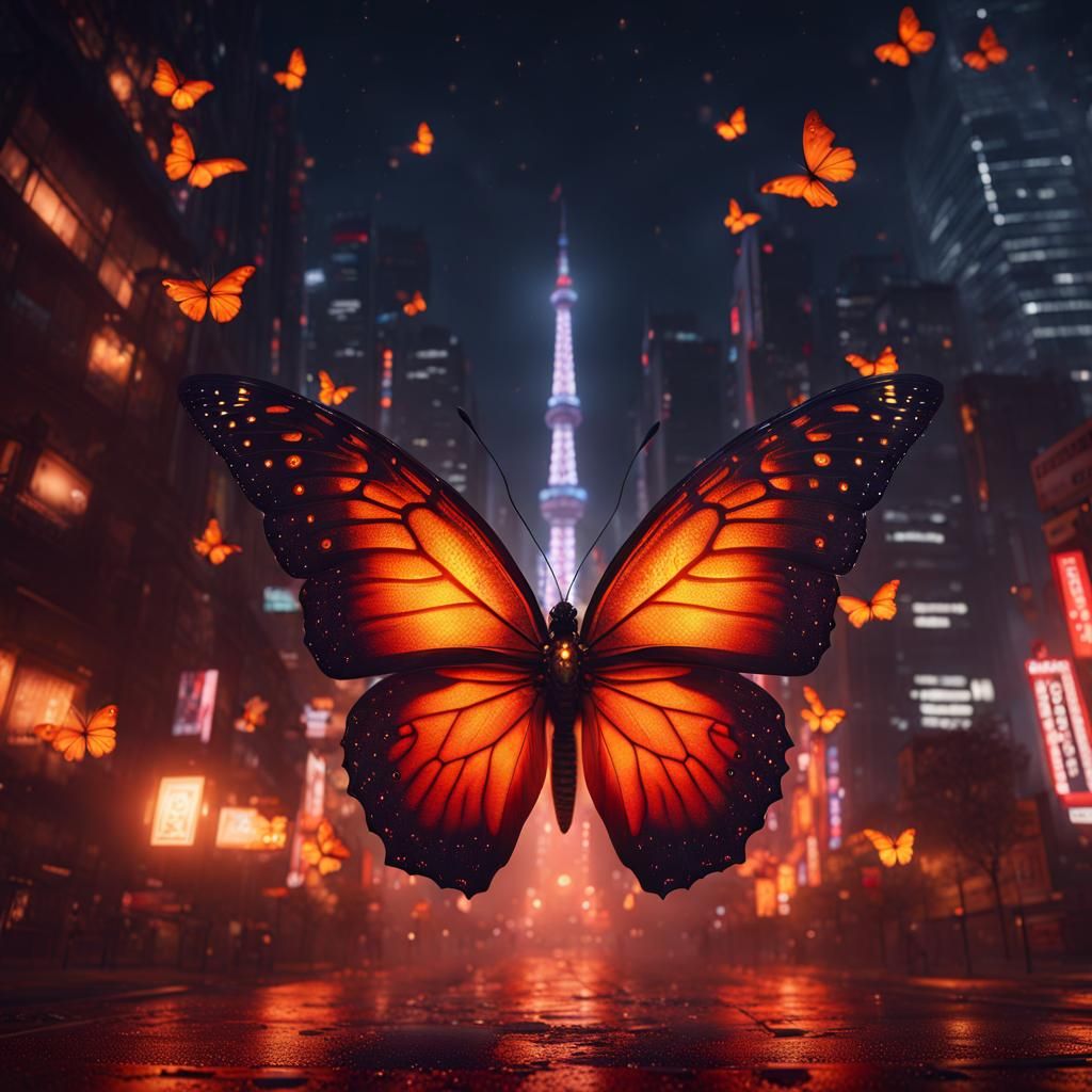Fiery Butterfly in Downtown Metropolis at Night