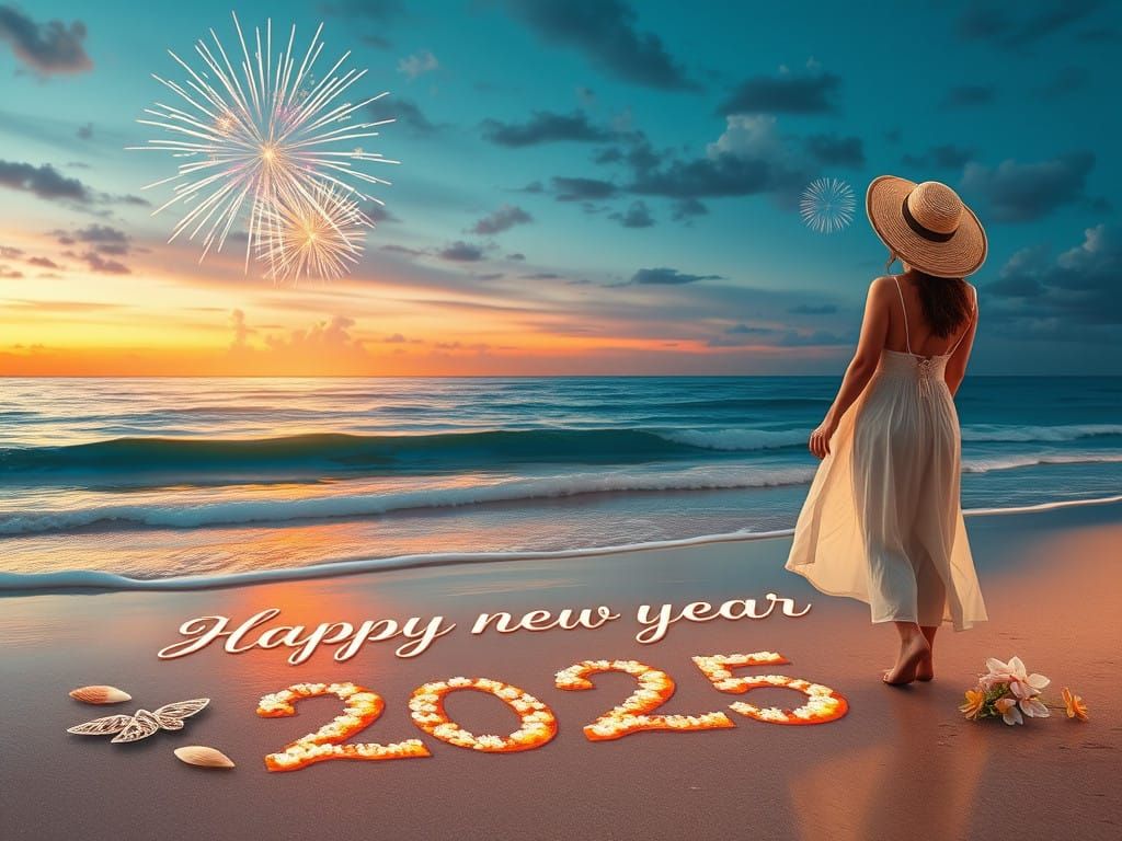 Ethereal Beach Scene with Handwritten Happy New Year Greetin...