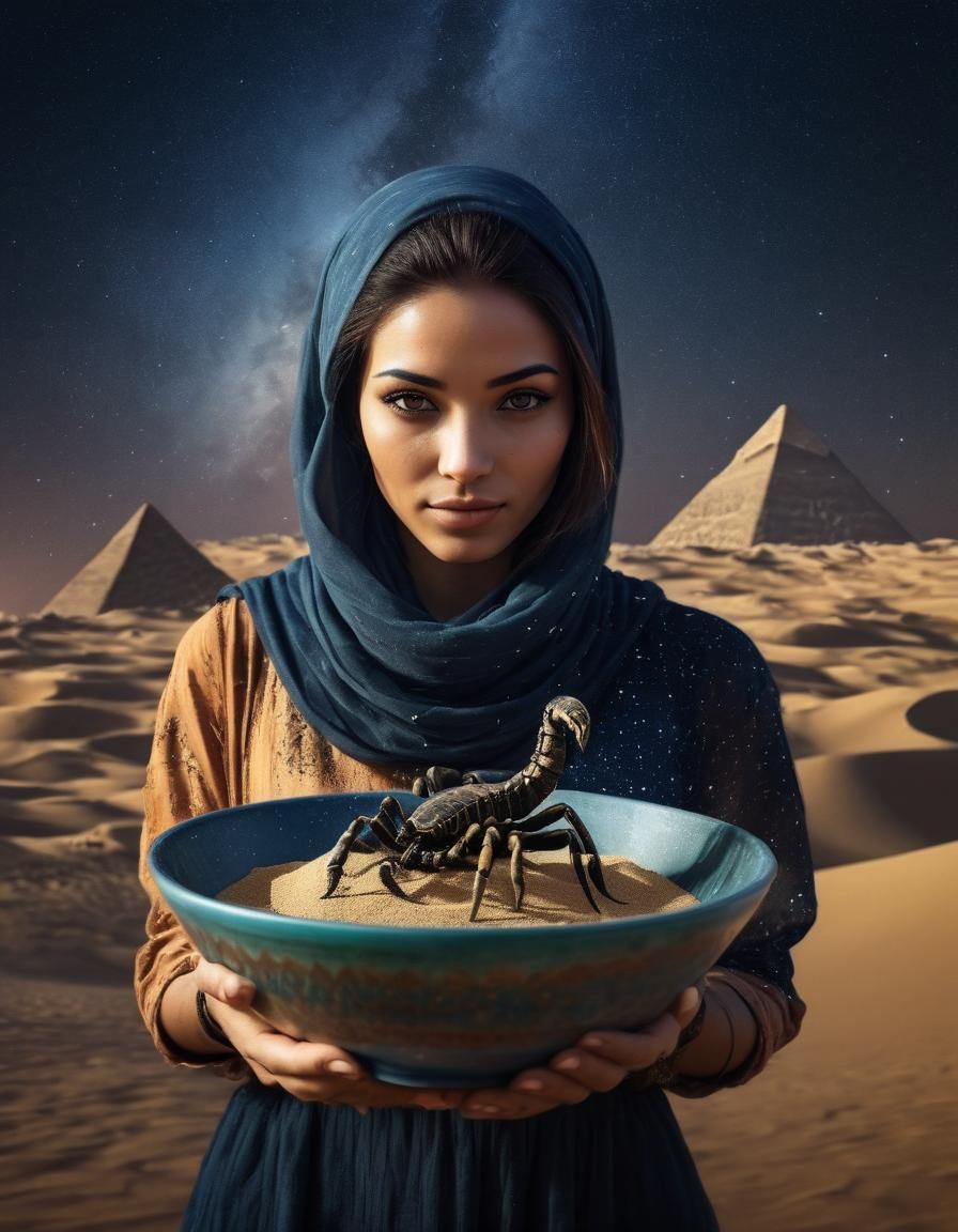 Egyptian Double Exposure: Girl, Scorpion, Pyramids