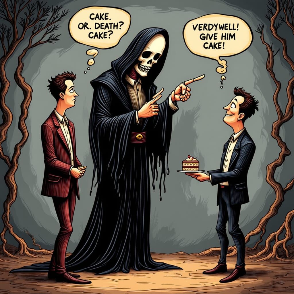 Grim Reaper Offers Cake or Death in Cartoon Style