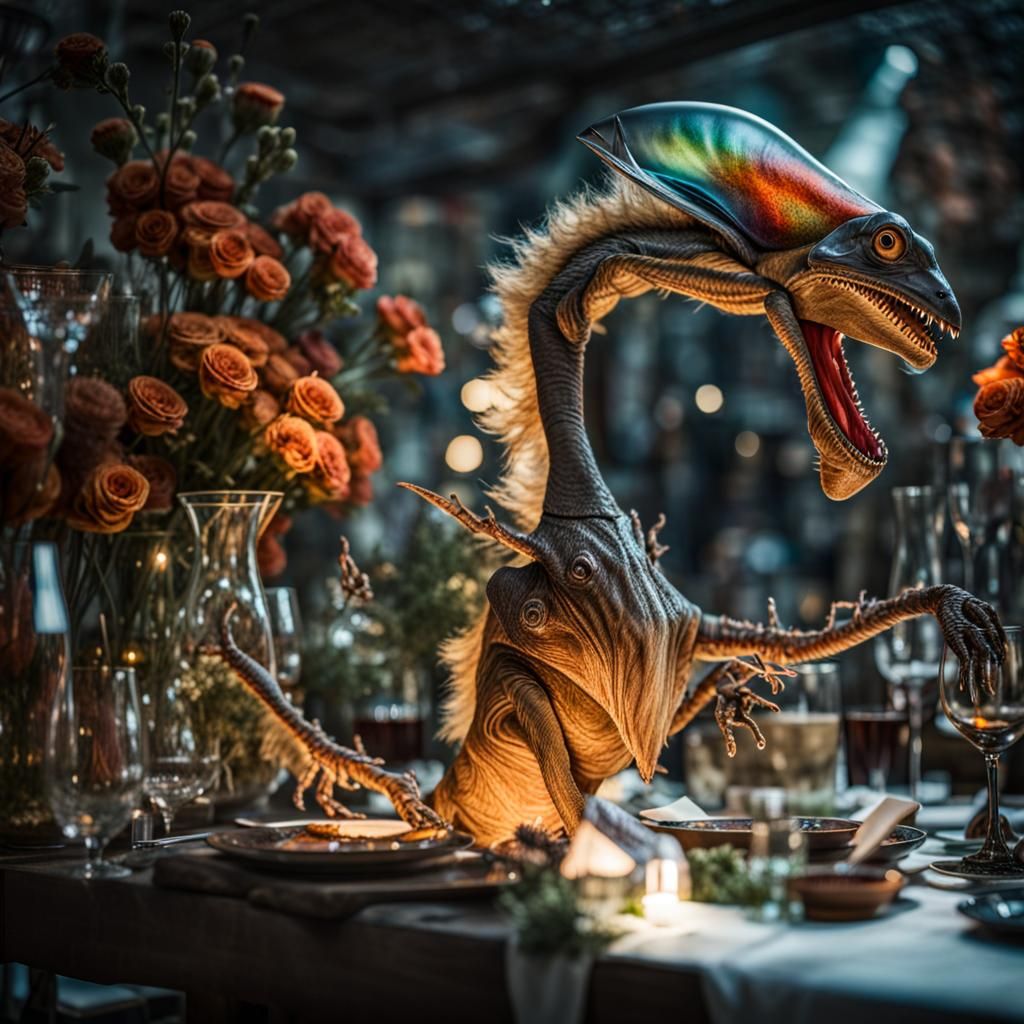 Surreal Alien Celebration in Gritty Restaurant