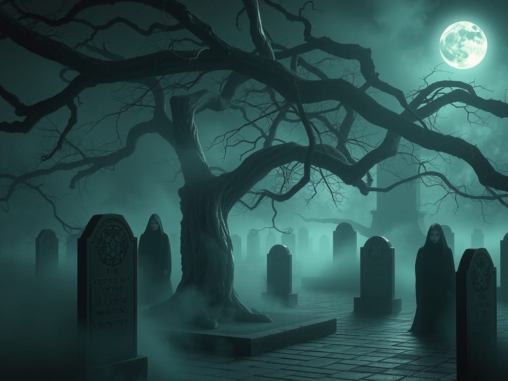 Ethereal Figures Emerging from Forgotten Cemetery in Moonlit...