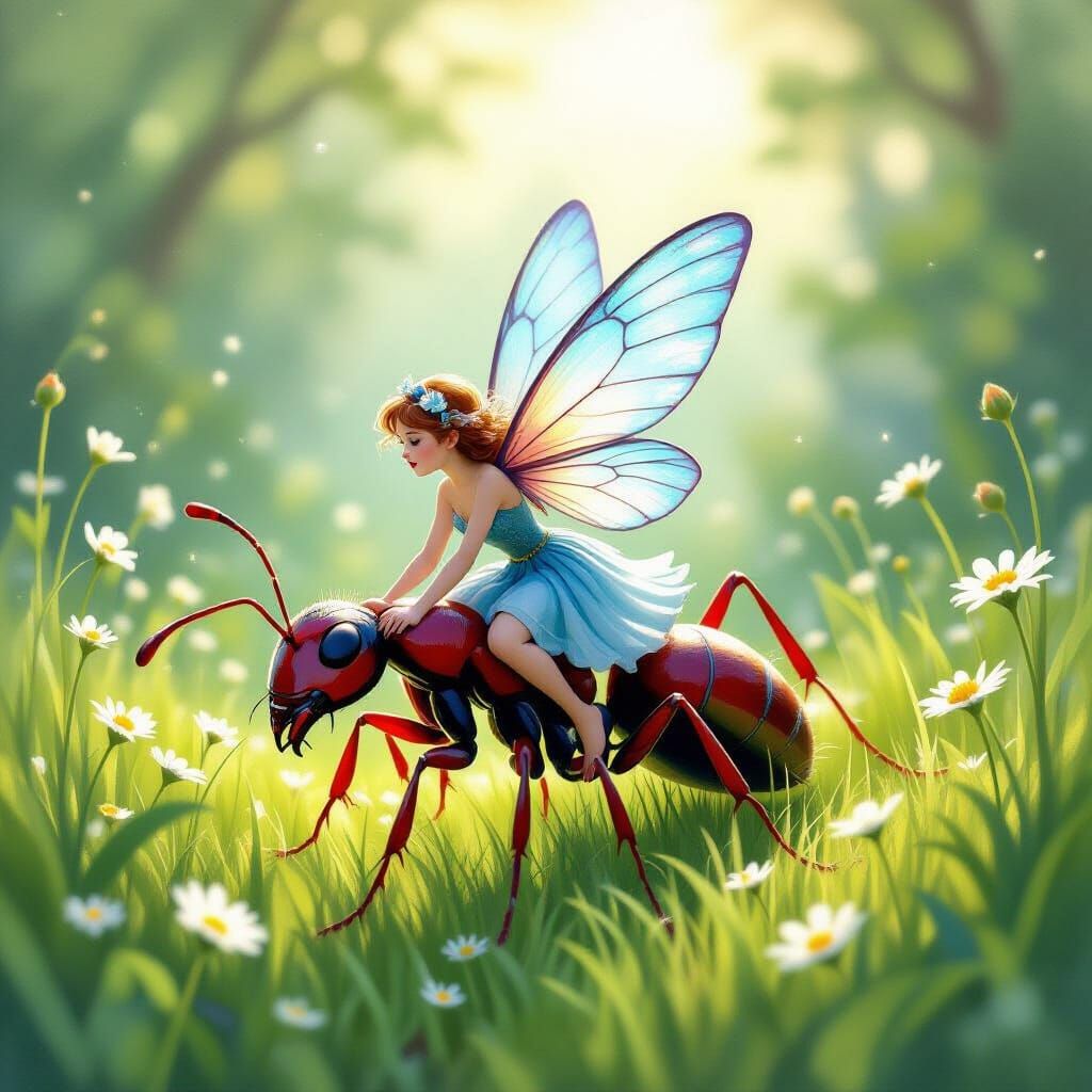 Blue Fairy Rides Giant Red Ant in Enchanting Meadow