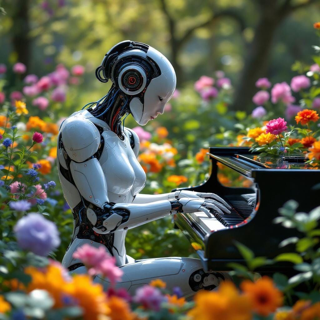 Robot Plays Piano in Lush Garden: Fantasy Art