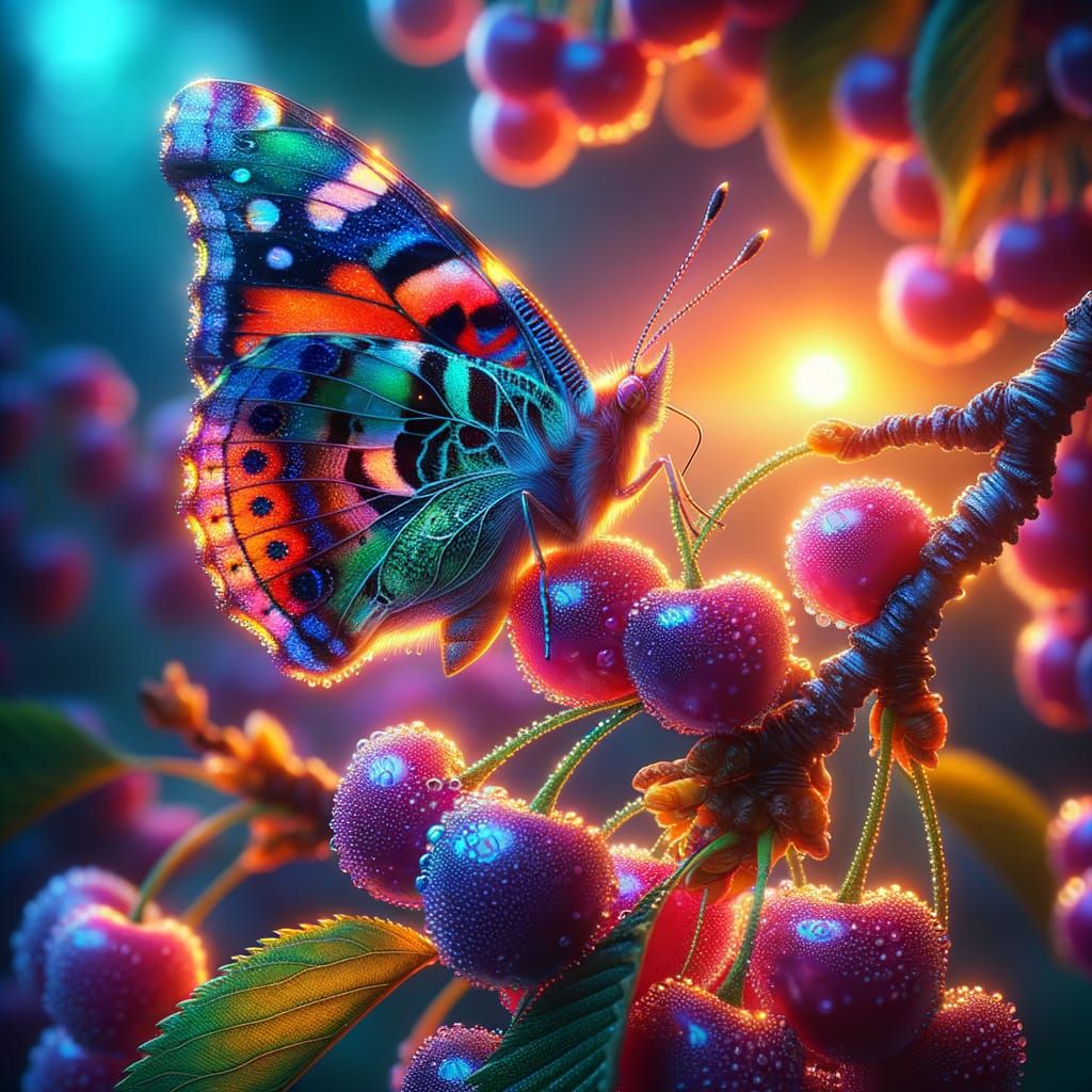 Butterfly on Cherry Cluster Macro Photography