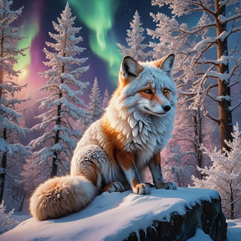 Snow Fox in Northern Lights, Hyperrealistic Digital Art