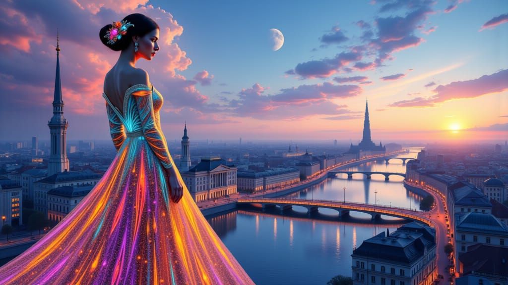 Elegant Woman on Danube Tower in Klimt Art Style