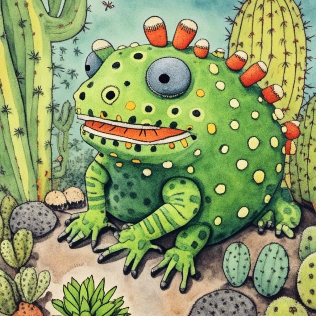 Lizard Eating Insect in Dubuffet-Inspired Watercolor