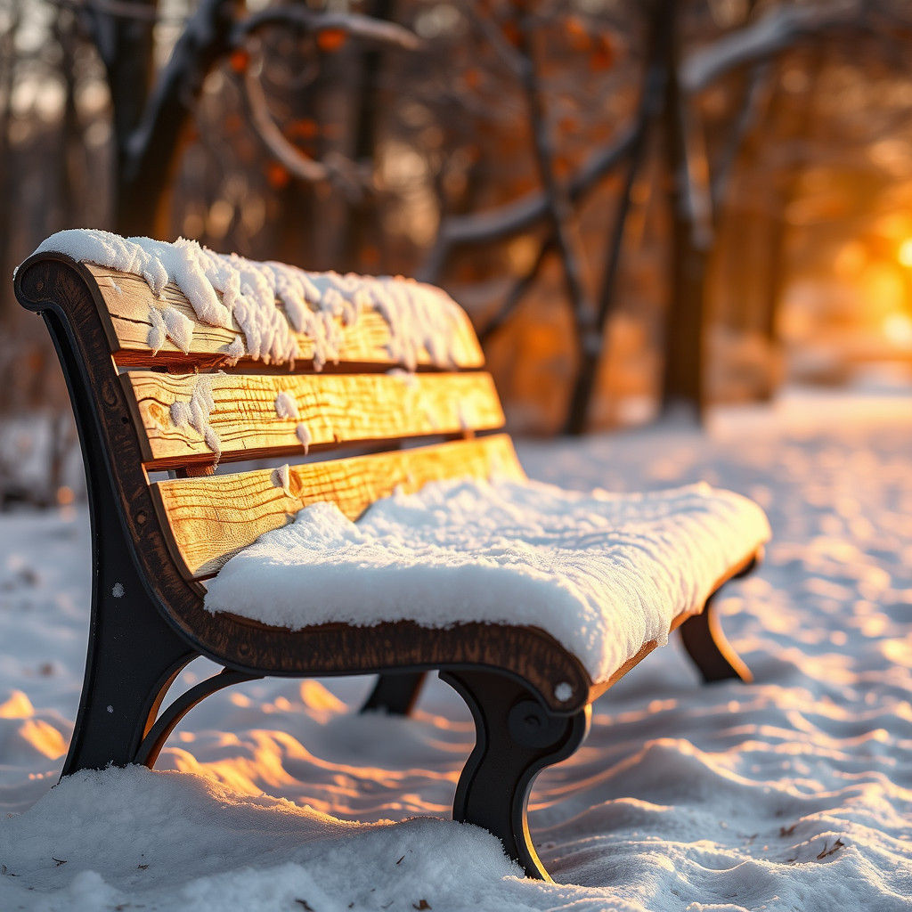Snowy Park Bench in Hyperrealistic Style