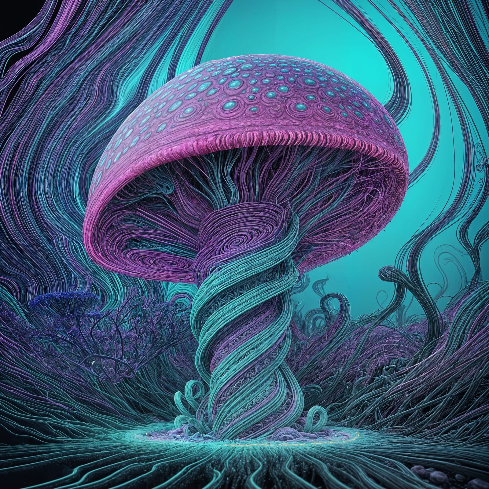 Surreal Psychedelic Mushroom in Vibrant Acid-Wash Colors