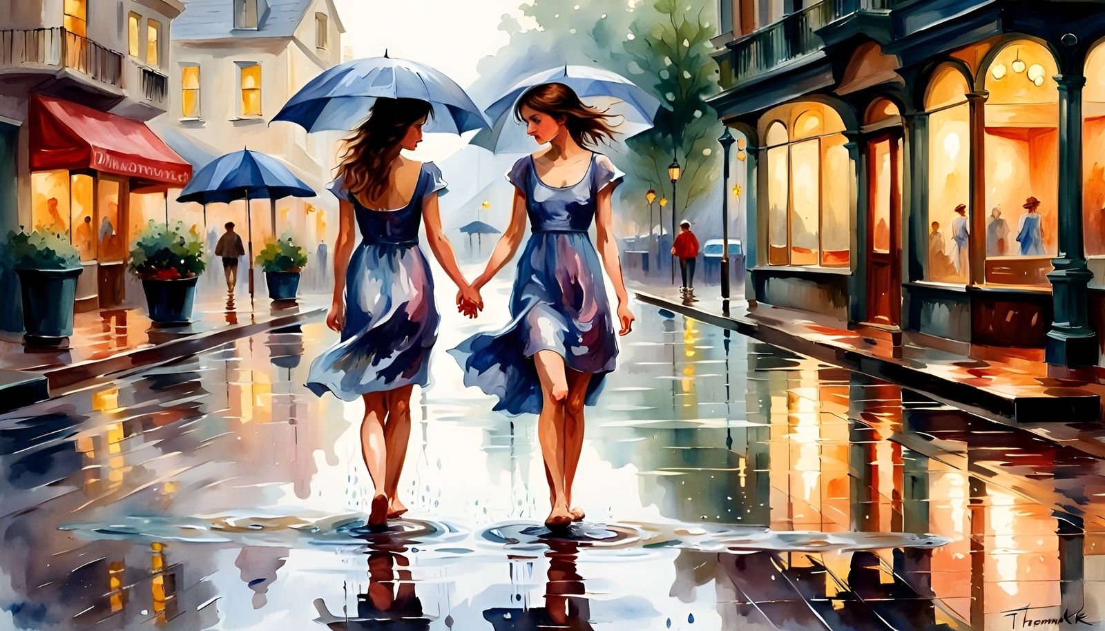 Girl in Rain Puddles, Watercolor Style