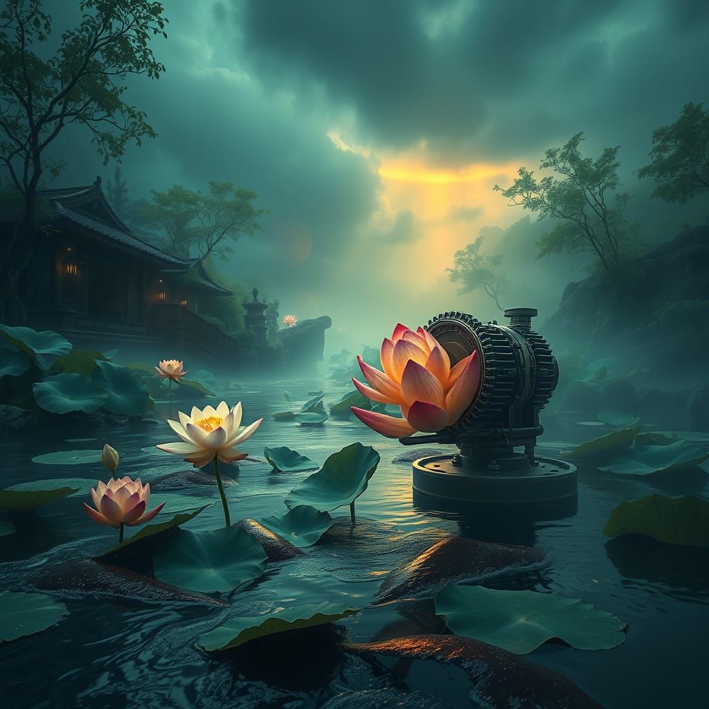 Steampunk Lotus Paradise River Scene in HDR