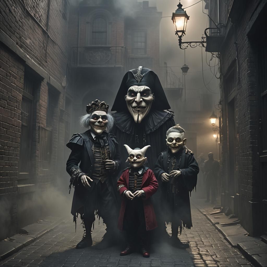 Menacing Puppets Perform in Misty Alleyway