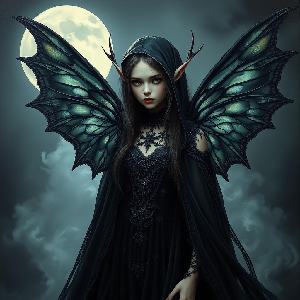 Goth Fairy Elf with Glowing Wings as Impasto Art