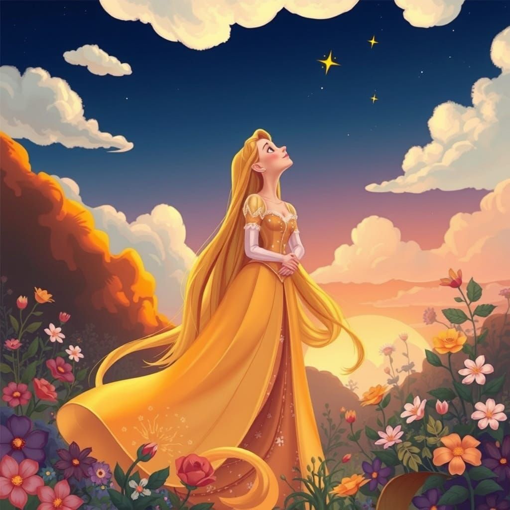 Disney Princess Rapunzel in Whimsical Floral Landscape