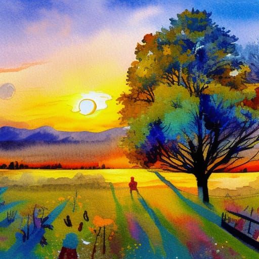 Sunset Tree in Gouache and Watercolor Style