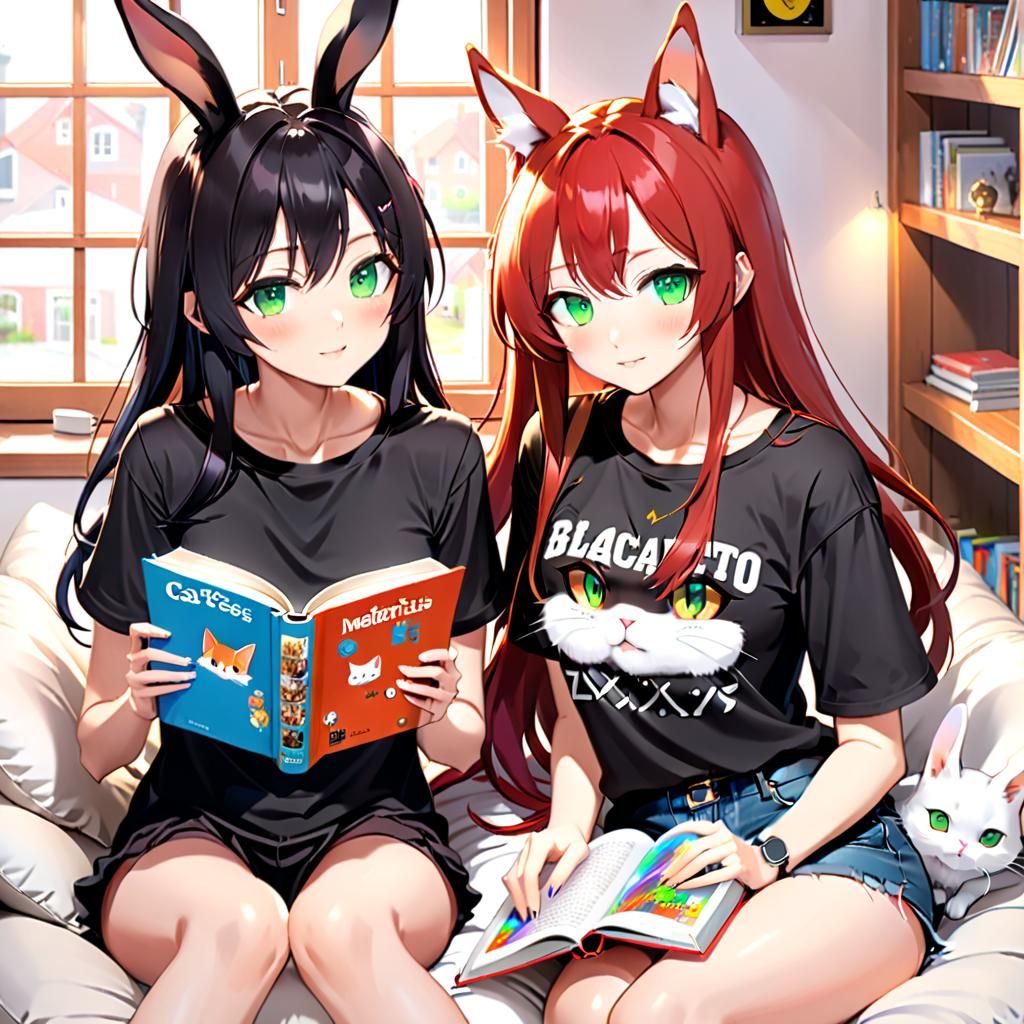 Anime Girls Reading Manga in Cozy Cottage