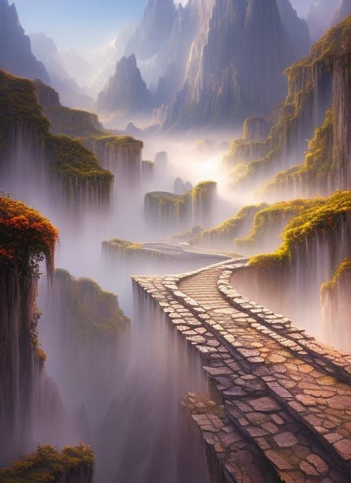 Mountain Path to Temple: Hyperrealistic Matte Painting