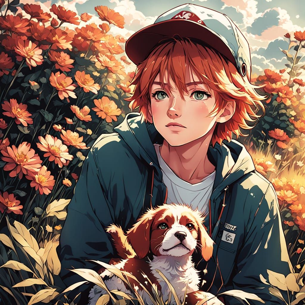 Whimsical Boy in Vibrant Meadow, Inspired by Studio Trigger