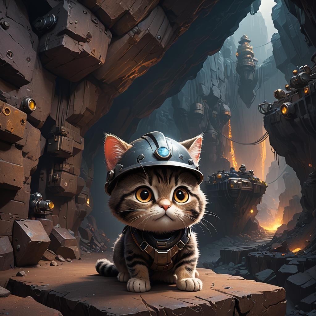 Cat in Mining Helmet in Dark Cave