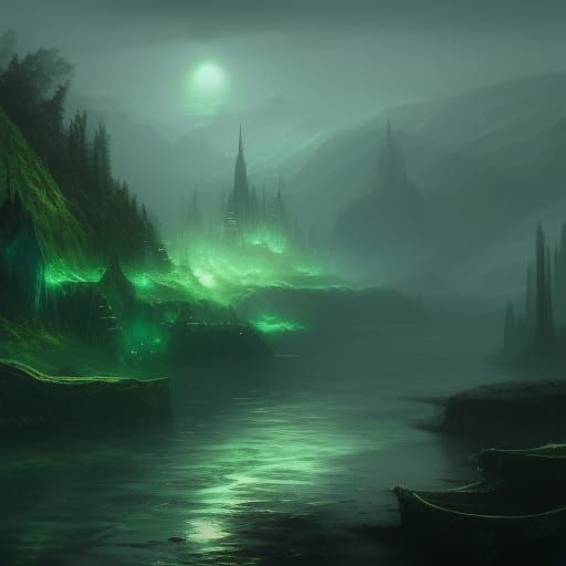 Fantastical Ogre City in Dark Green: Matte Painting