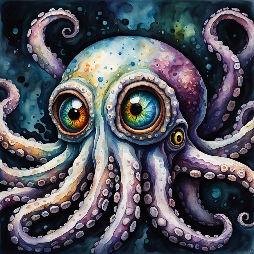 Disturbing Watercolor Octopus in Gothic Impressionist Style